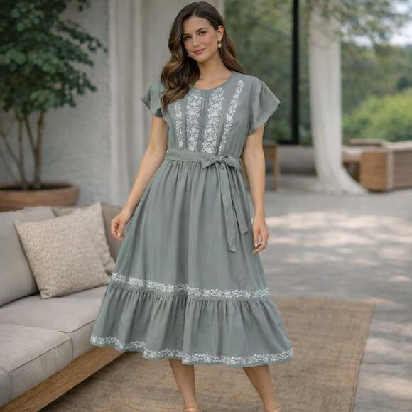 Polagram Dresses & Skirts - Polagram Sage Green Embroidered Floral Ruffle Sleeve Midi Dress Size L